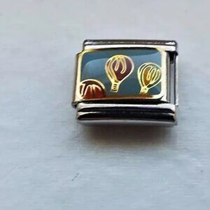 Three hot air balloons on blue 9mm stainless steel italian charm bracelet link 0